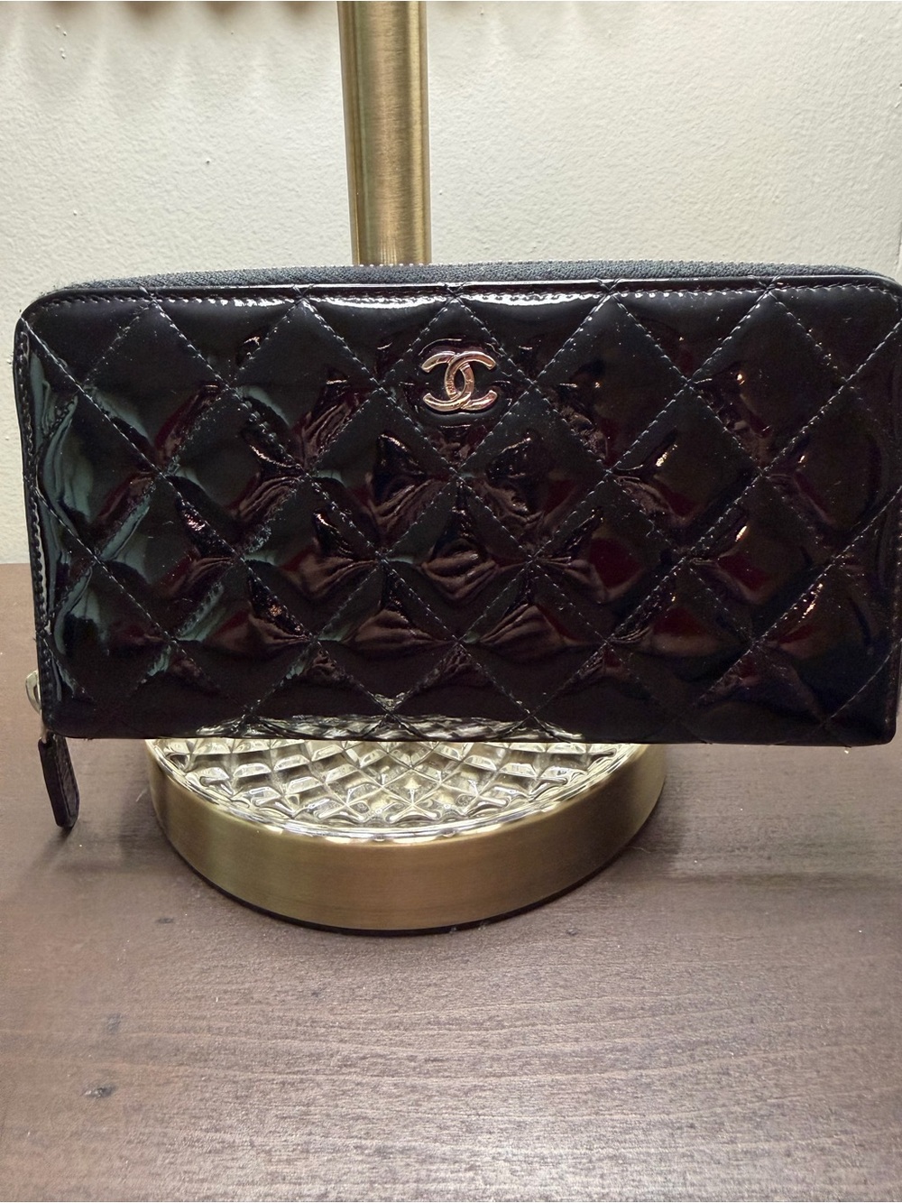 CHANEL Black Quilted Patent Leather Zip-Around Wallet